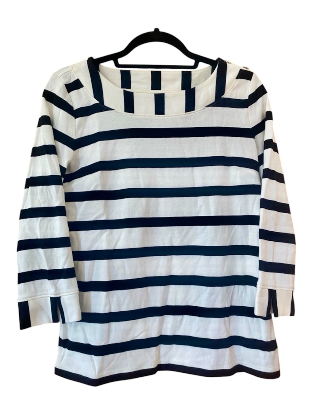 Talbots Breton Stripe Square Neck Cotton 3/4 Sleeve Top Small